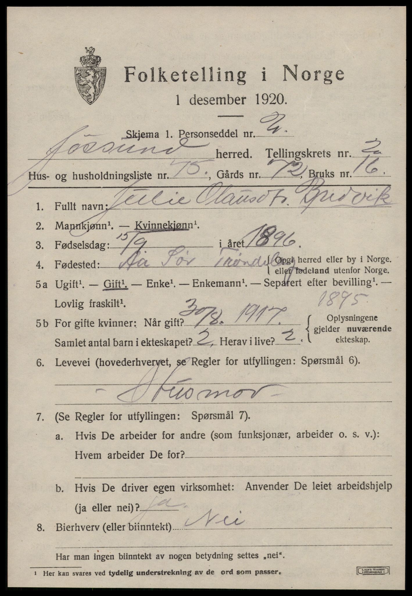 SAT, 1920 census for Jøssund, 1920, p. 2164