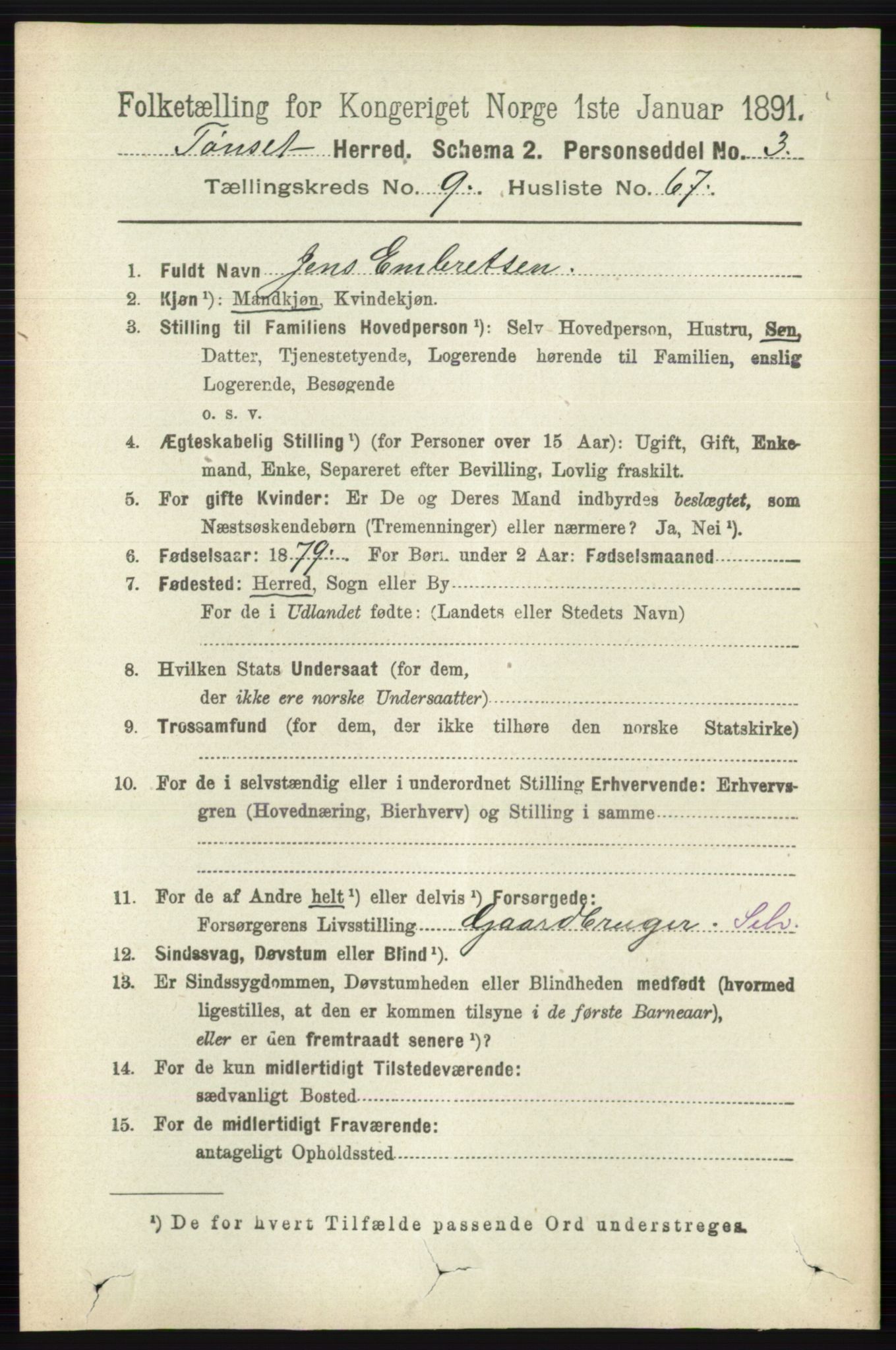 RA, 1891 census for 0437 Tynset, 1891, p. 2796