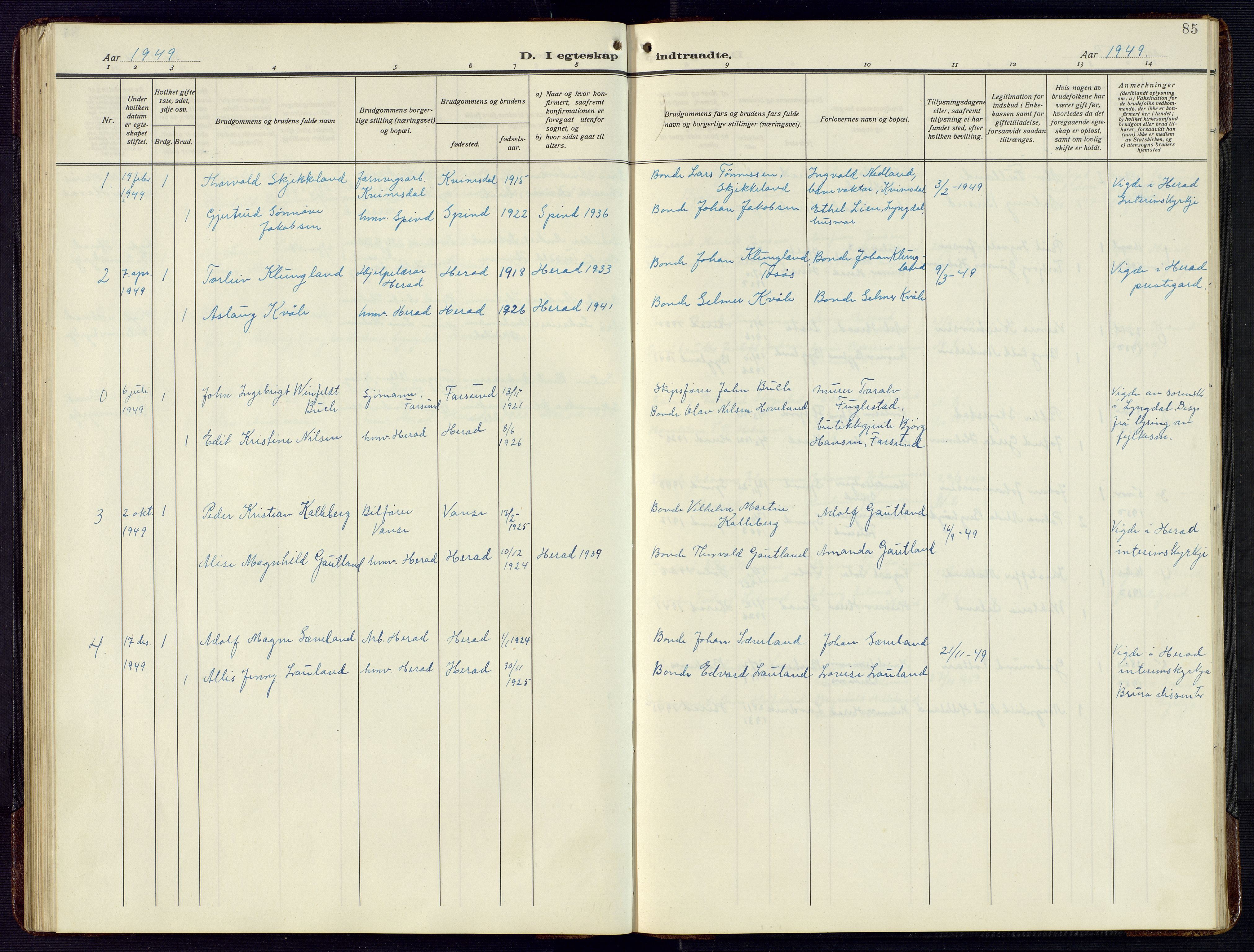 Herad sokneprestkontor, AV/SAK-1111-0018/F/Fb/Fba/L0006: Parish register (copy) no. B 6, 1921-1959, p. 85