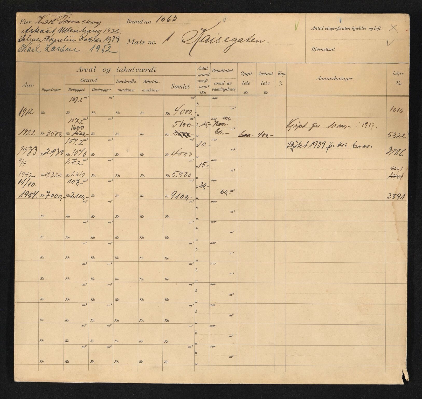 Stavanger kommune. Skattetakstvesenet, BYST/A-0440/F/Fa/Faa/L0022/0003: Skattetakstkort / Kaisegata 1 - Kalhammaren 13