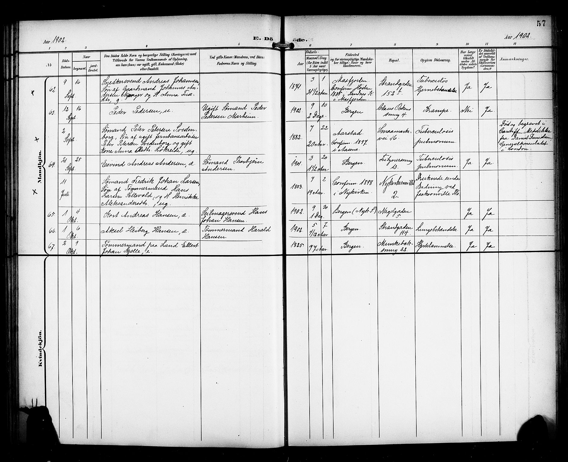 Nykirken Sokneprestembete, AV/SAB-A-77101/H/Haa/L0045: Parish register (official) no. E 5, 1899-1917, p. 57