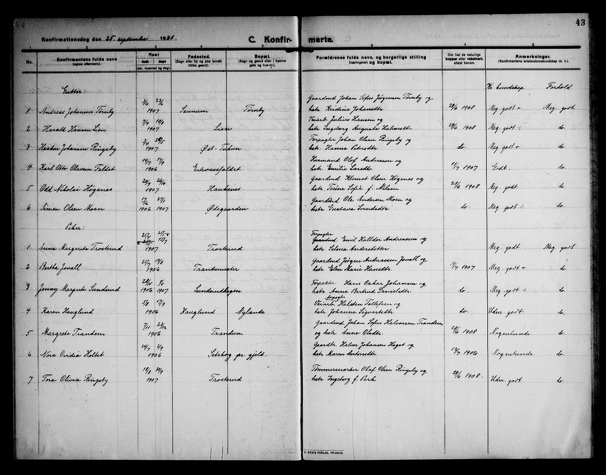 Rødenes prestekontor Kirkebøker, AV/SAO-A-2005/F/Fb/L0004: Parish register (official) no. II 4, 1911-1926, p. 43