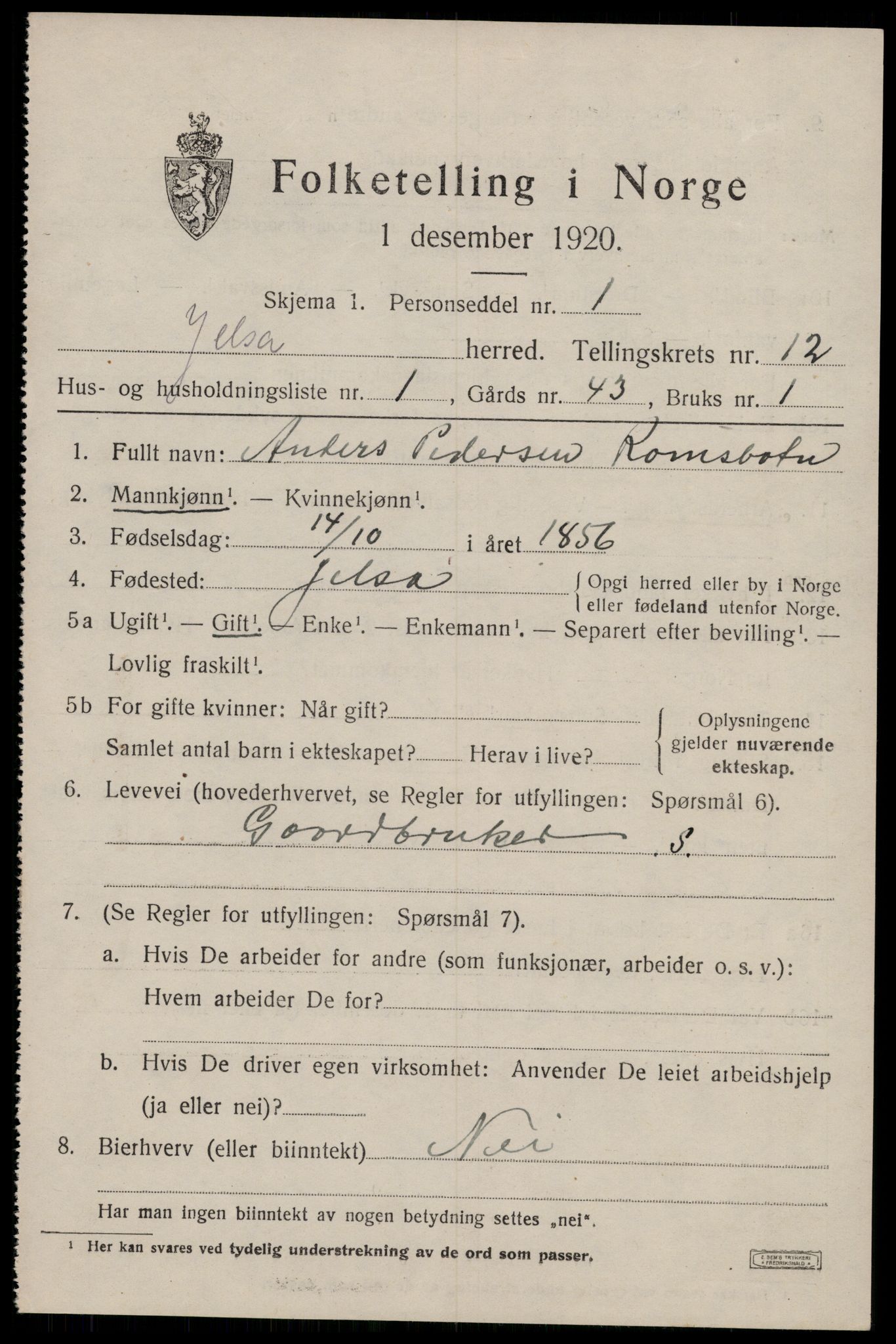 SAST, 1920 census for Jelsa, 1920, p. 3308