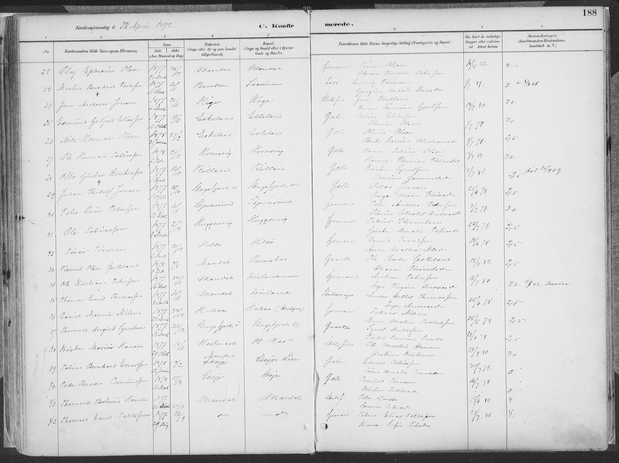 Mandal sokneprestkontor, AV/SAK-1111-0030/F/Fa/Faa/L0018: Parish register (official) no. A 18, 1890-1905, p. 188