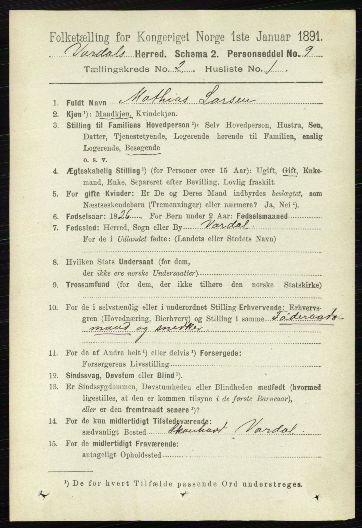 RA, 1891 census for 0527 Vardal, 1891, p. 532