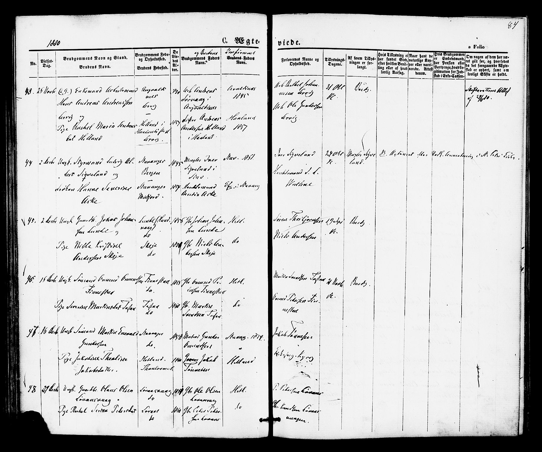 Hetland sokneprestkontor, SAST/A-101826/30/30BA/L0005: Parish register (official) no. A 5, 1869-1884, p. 84