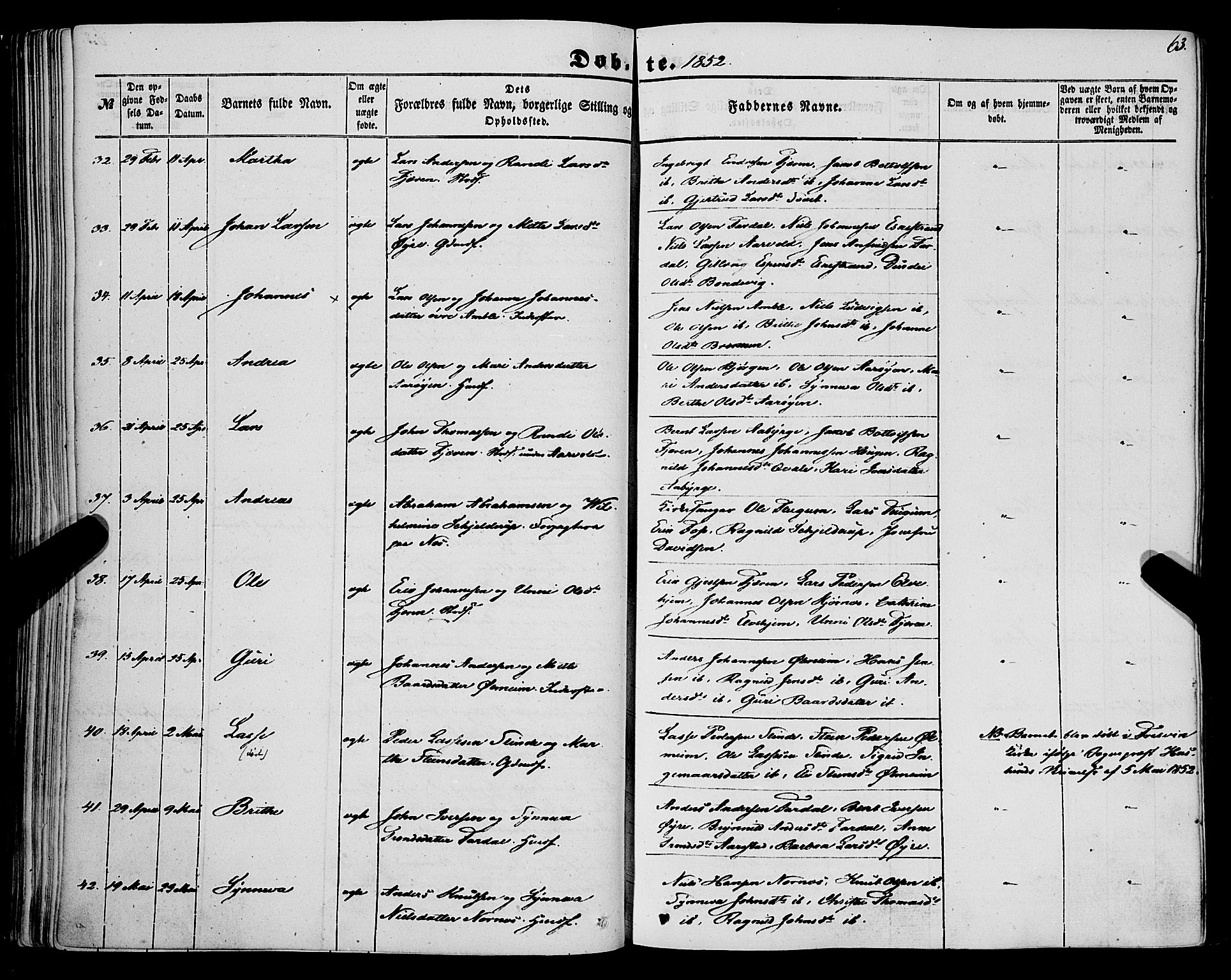 Sogndal sokneprestembete, AV/SAB-A-81301/H/Haa/Haaa/L0012I: Parish register (official) no. A 12I, 1847-1859, p. 63