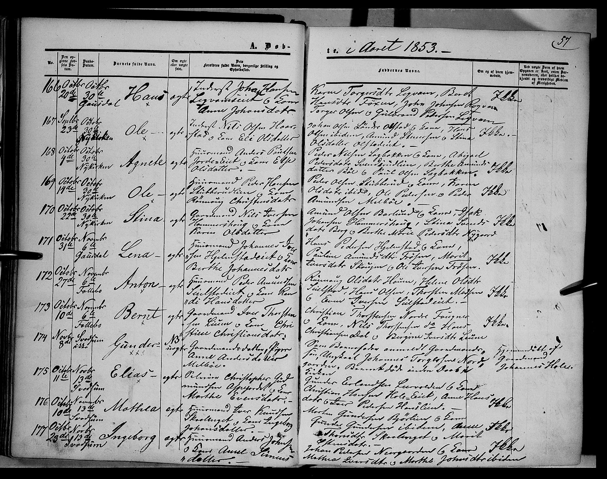 Gausdal prestekontor, SAH/PREST-090/H/Ha/Haa/L0008: Parish register (official) no. 8, 1850-1861, p. 57
