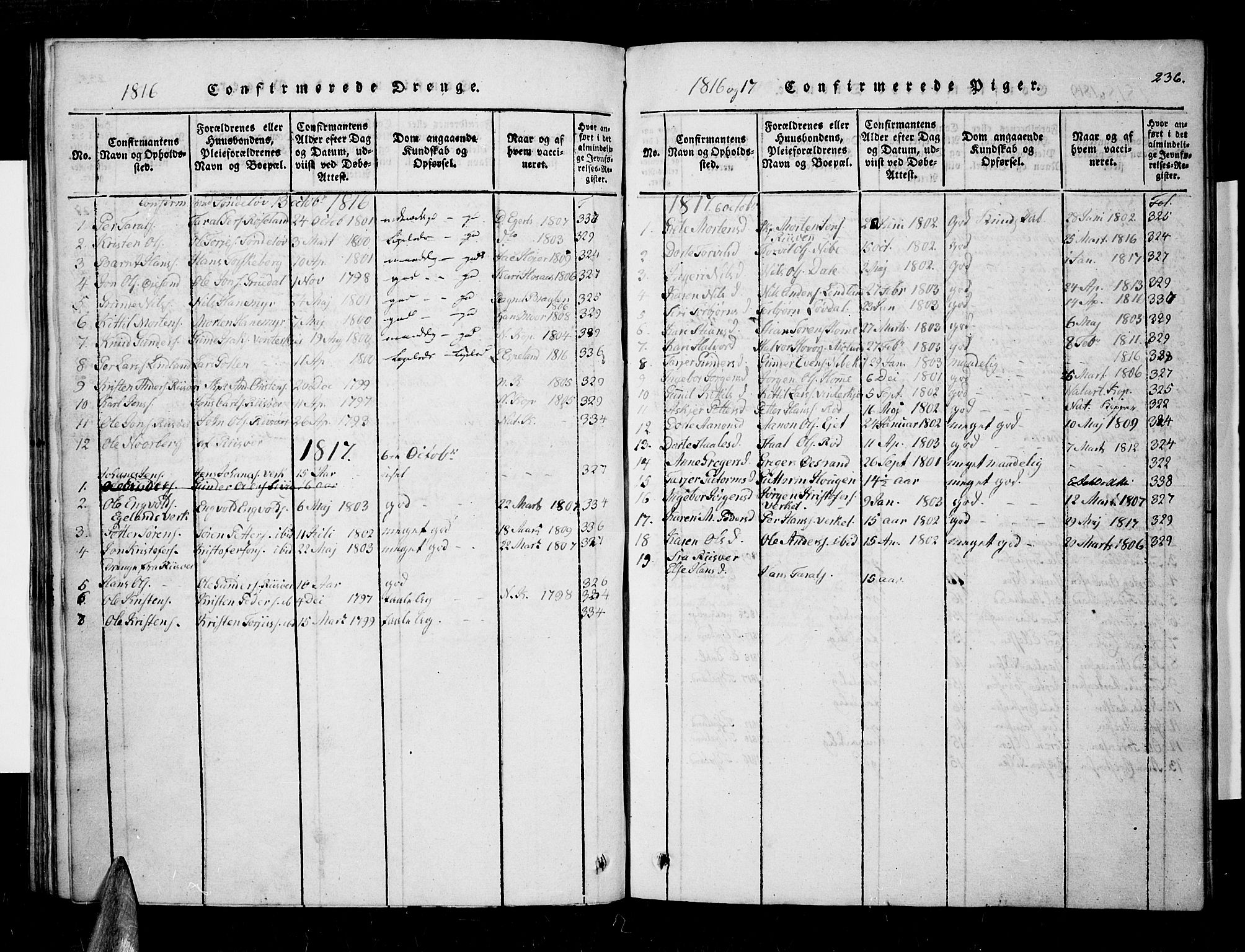 Søndeled sokneprestkontor, SAK/1111-0038/F/Fa/L0001: Parish register (official) no. A 1, 1816-1838, p. 236