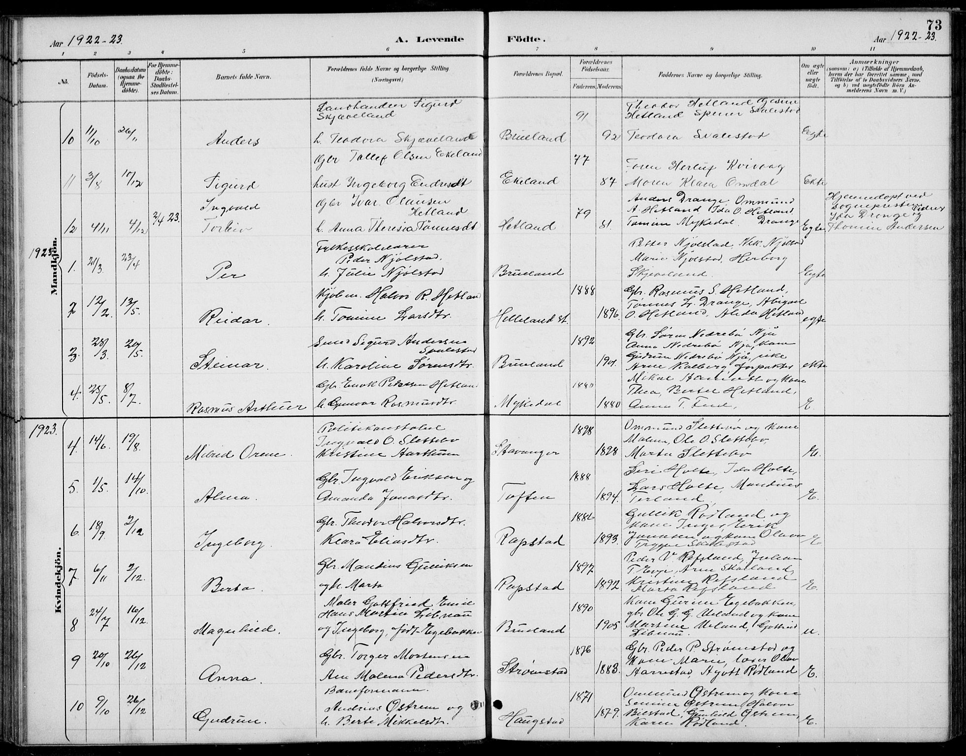 Helleland sokneprestkontor, AV/SAST-A-101810: Parish register (copy) no. B 4, 1887-1941, p. 73