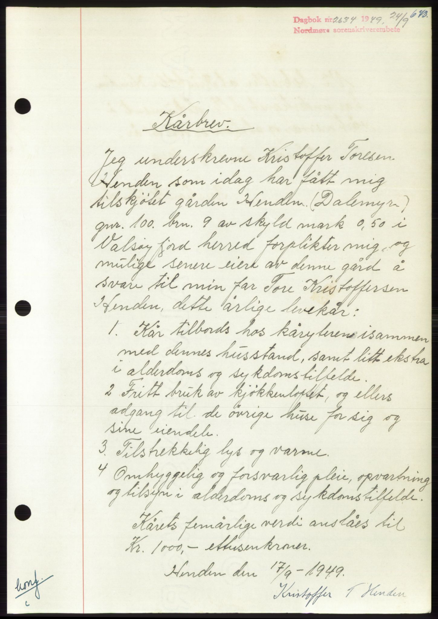 Nordmøre sorenskriveri, AV/SAT-A-4132/1/2/2Ca: Mortgage book no. B102, 1949-1949, Diary no: : 2634/1949