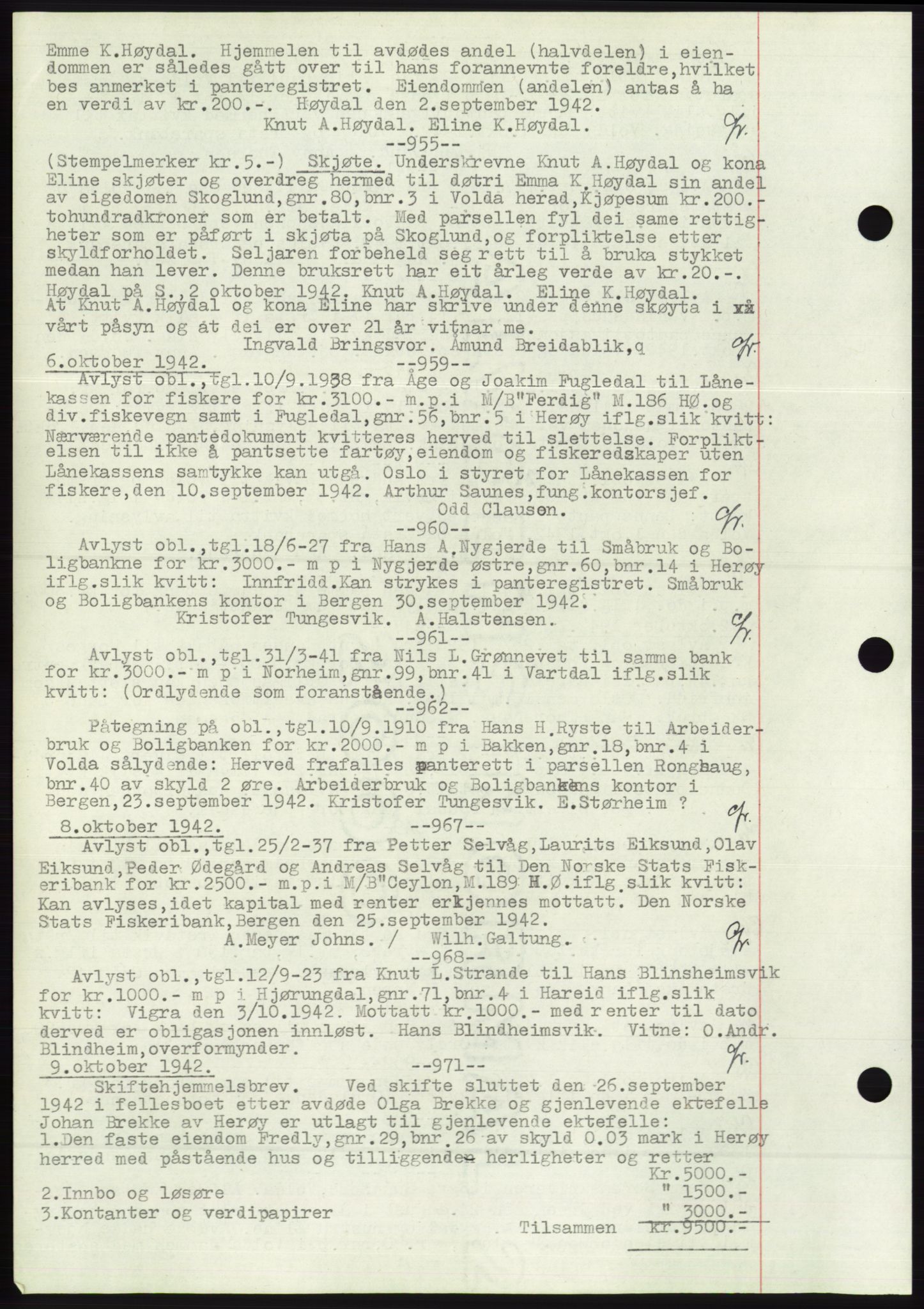 Søre Sunnmøre sorenskriveri, AV/SAT-A-4122/1/2/2C/L0072: Mortgage book no. 66, 1941-1955, Diary no: : 955/1942