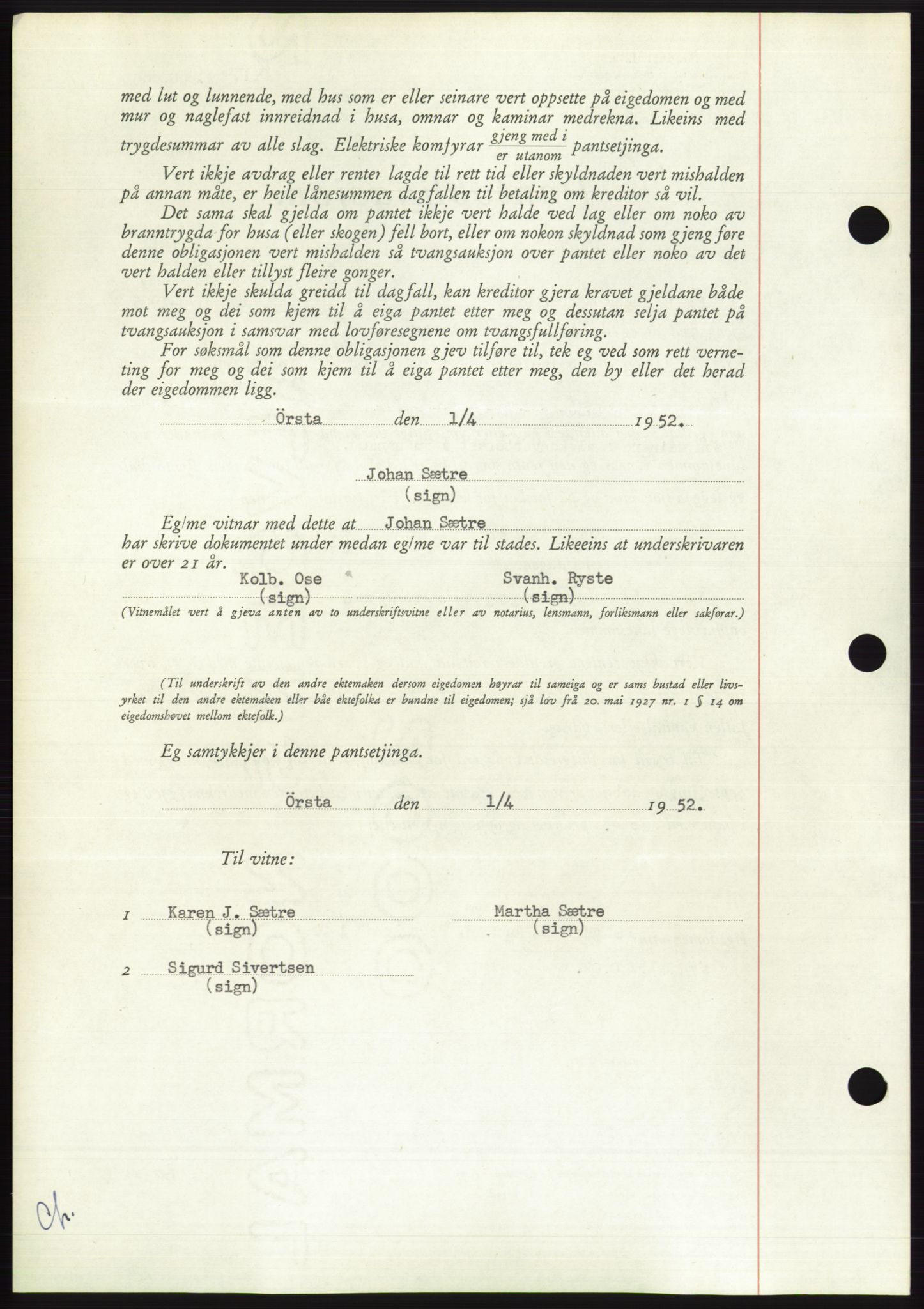 Søre Sunnmøre sorenskriveri, AV/SAT-A-4122/1/2/2C/L0121: Mortgage book no. 9B, 1951-1952, Diary no: : 751/1952