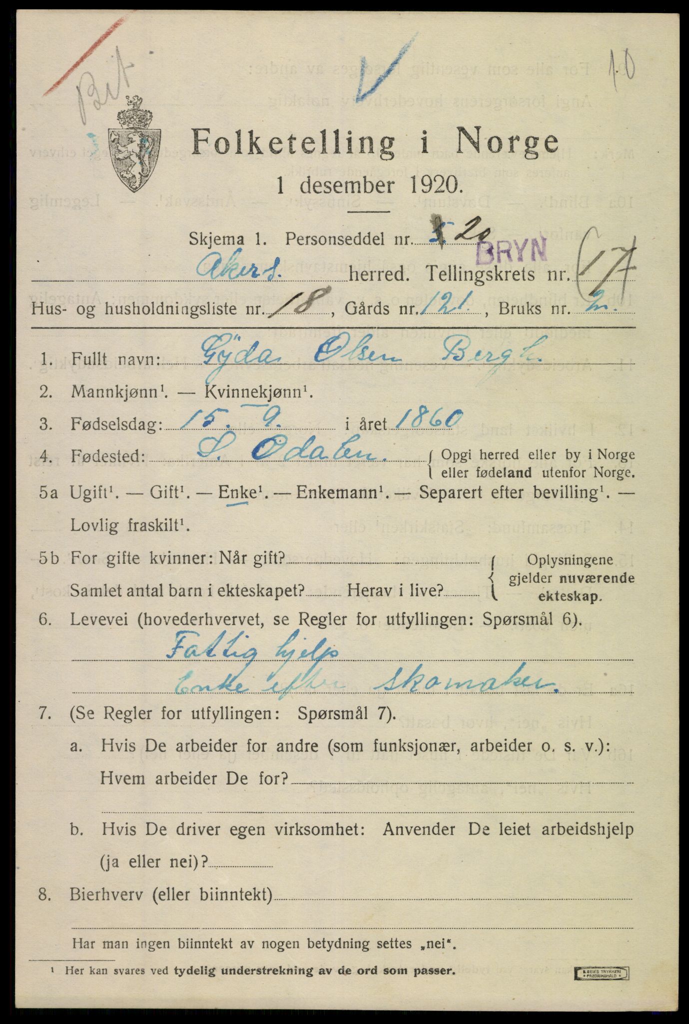 SAO, 1920 census for Aker, 1920, p. 100384