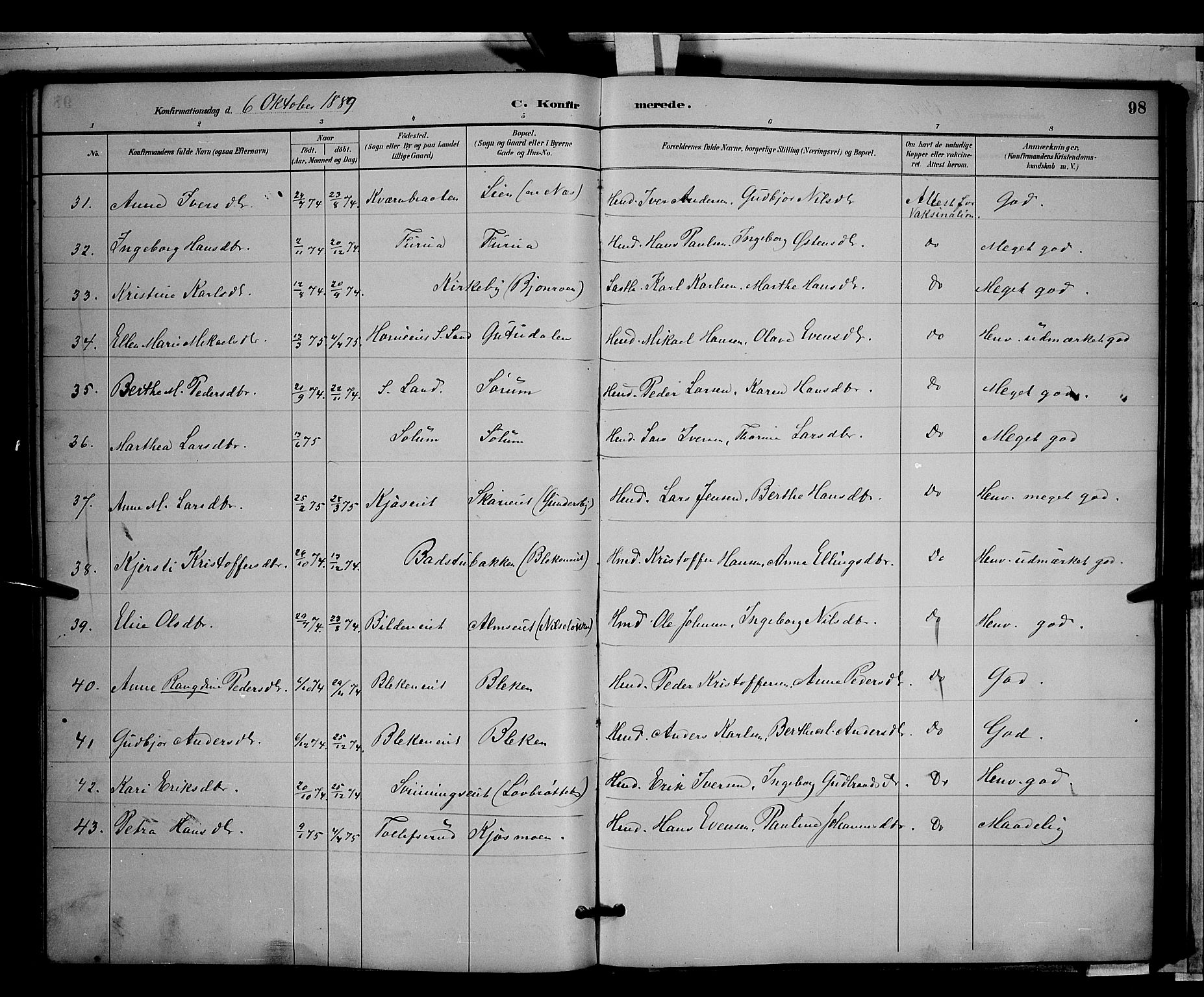 Gran prestekontor, SAH/PREST-112/H/Ha/Hab/L0003: Parish register (copy) no. 3, 1882-1890, p. 98