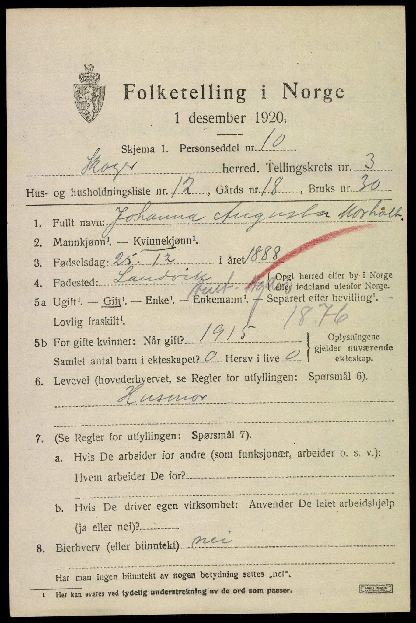 SAKO, 1920 census for Skoger, 1920, p. 7511