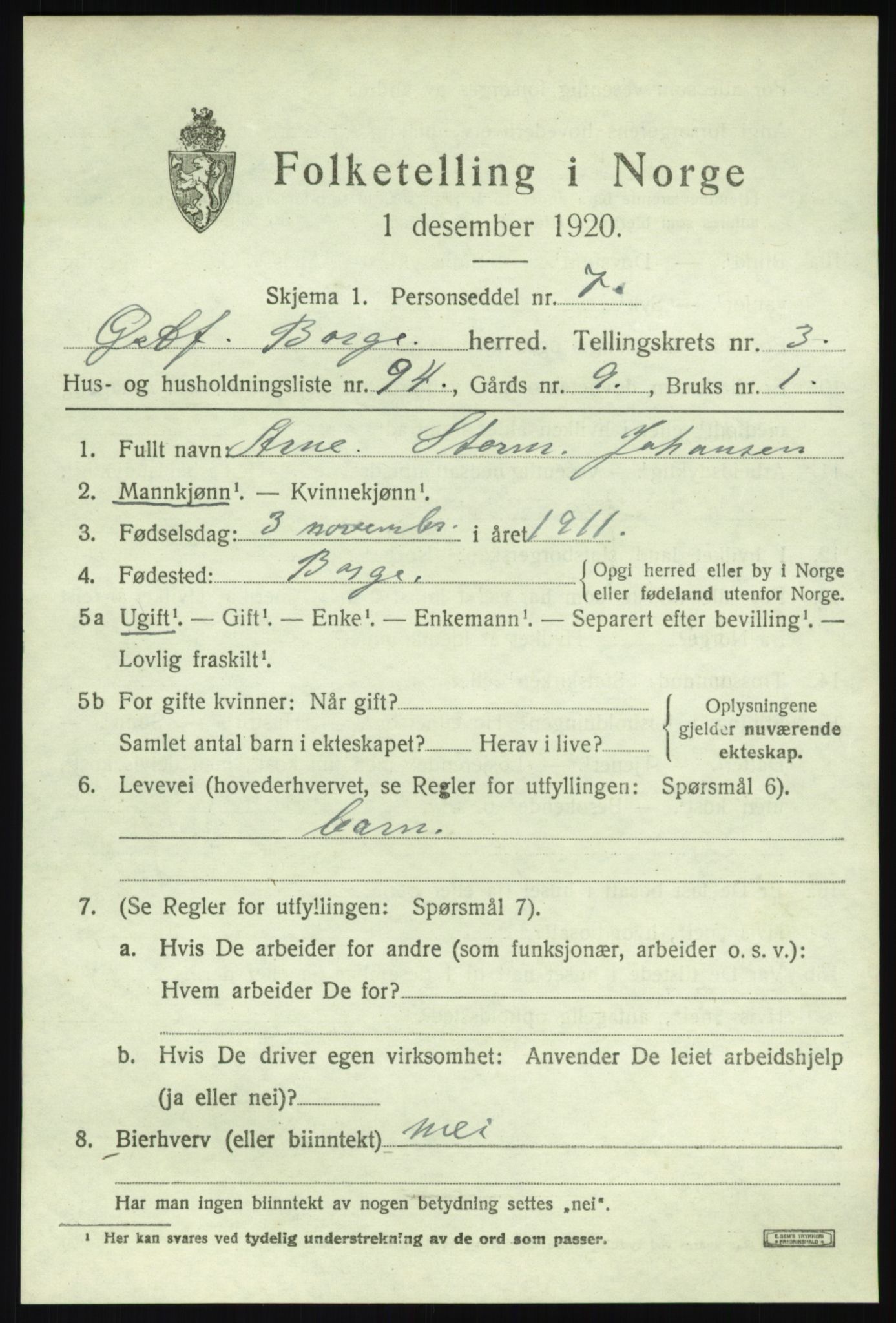 SAO, 1920 census for Borge, 1920, p. 4945