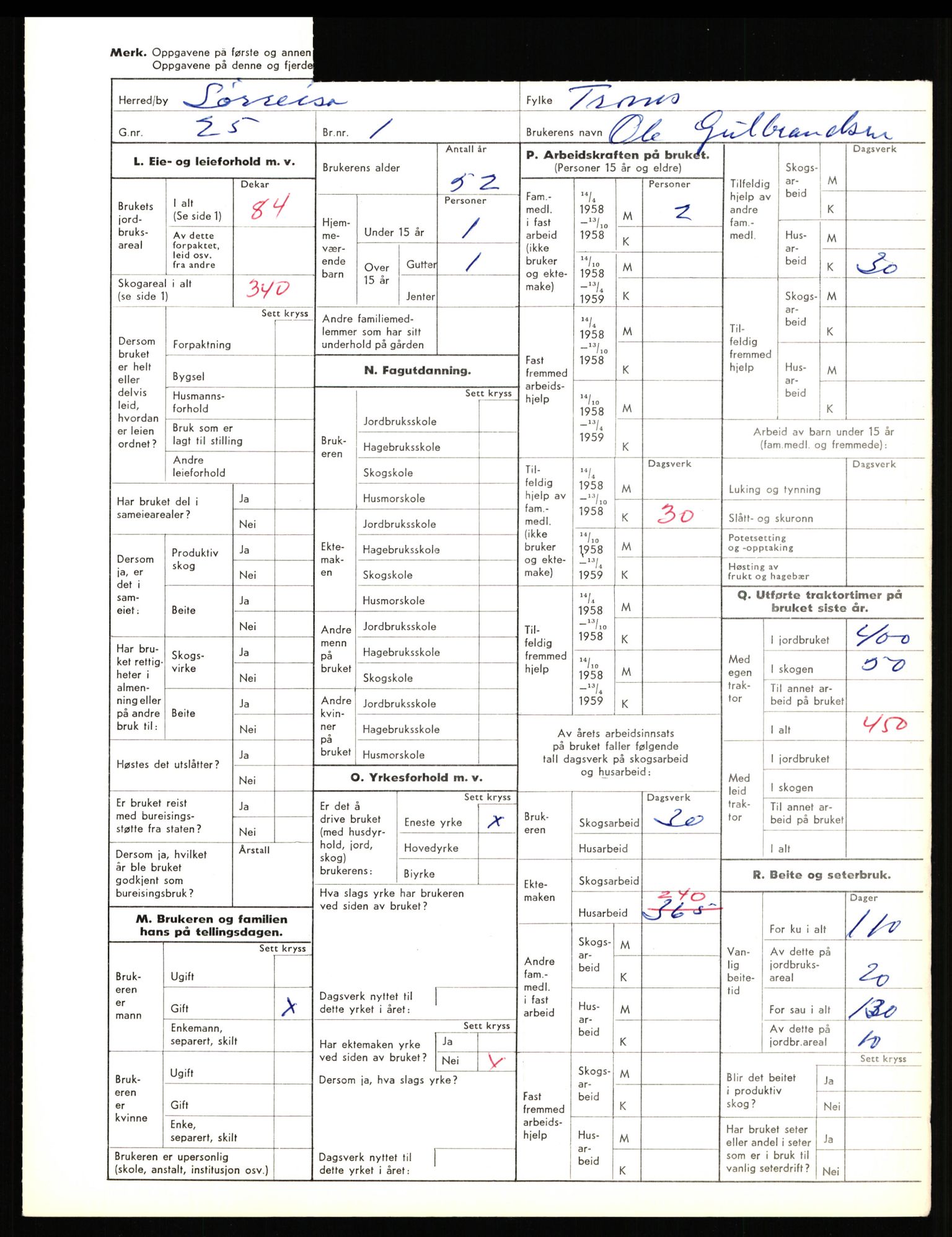 Statistisk sentralbyrå, Næringsøkonomiske emner, Jordbruk, skogbruk, jakt, fiske og fangst, AV/RA-S-2234/G/Gd/L0656: Troms: 1924 Målselv (kl. 0-3) og 1925 Sørreisa, 1959, p. 2110