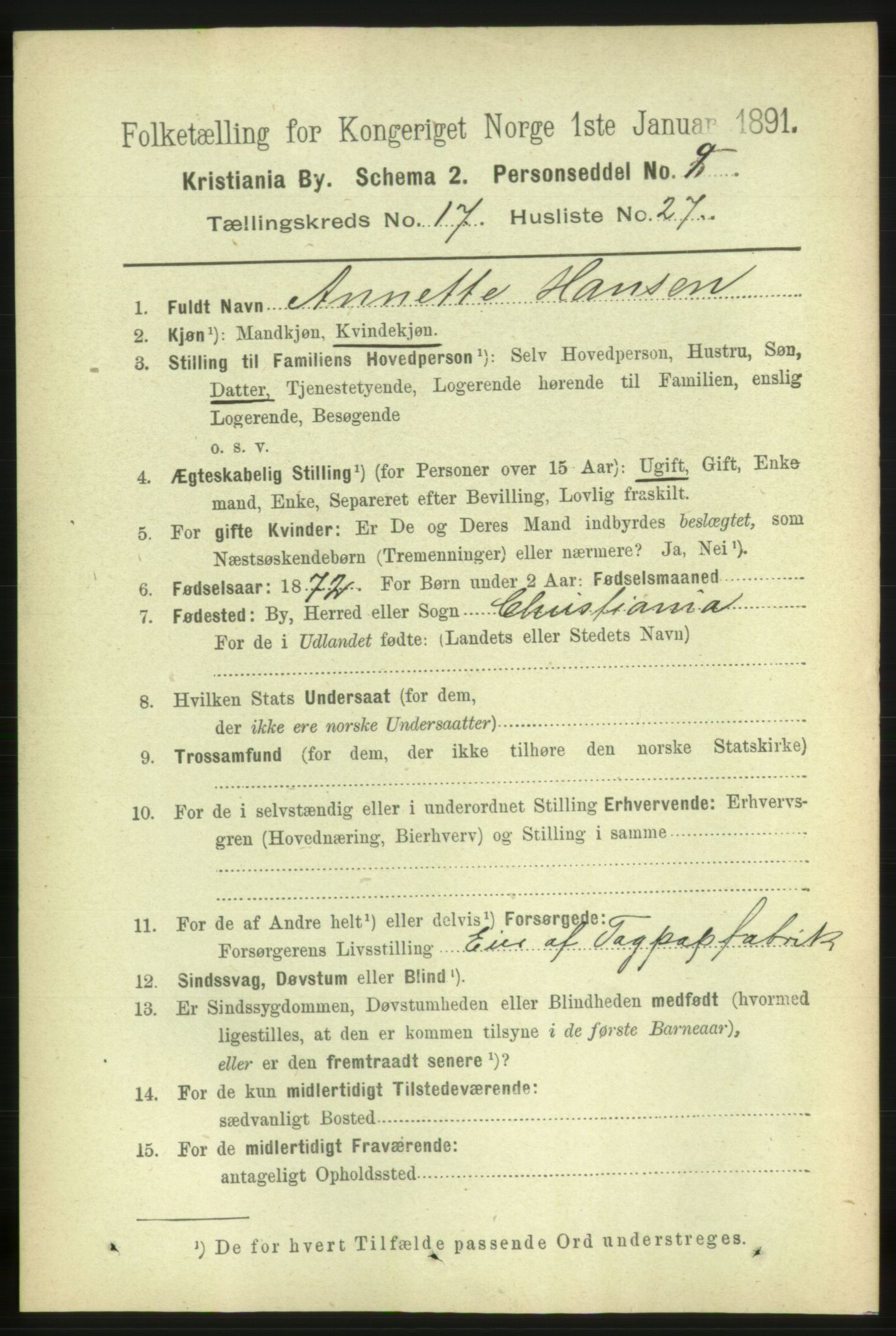 RA, 1891 census for 0301 Kristiania, 1891, p. 8730