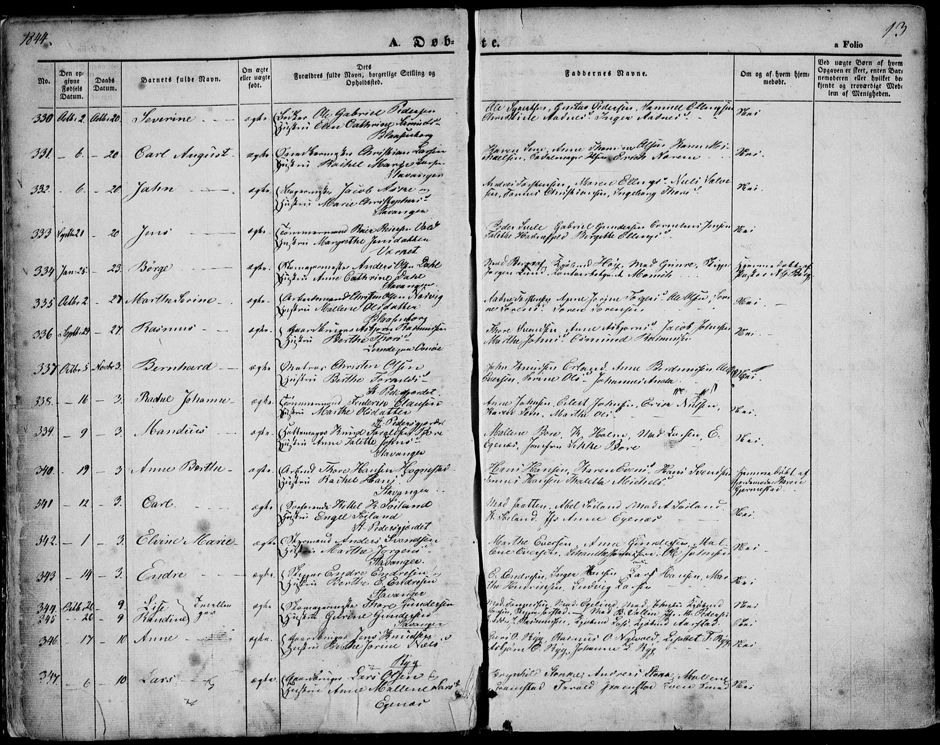 Domkirken sokneprestkontor, SAST/A-101812/001/30/30BA/L0016: Parish register (official) no. A 15, 1844-1854, p. 13