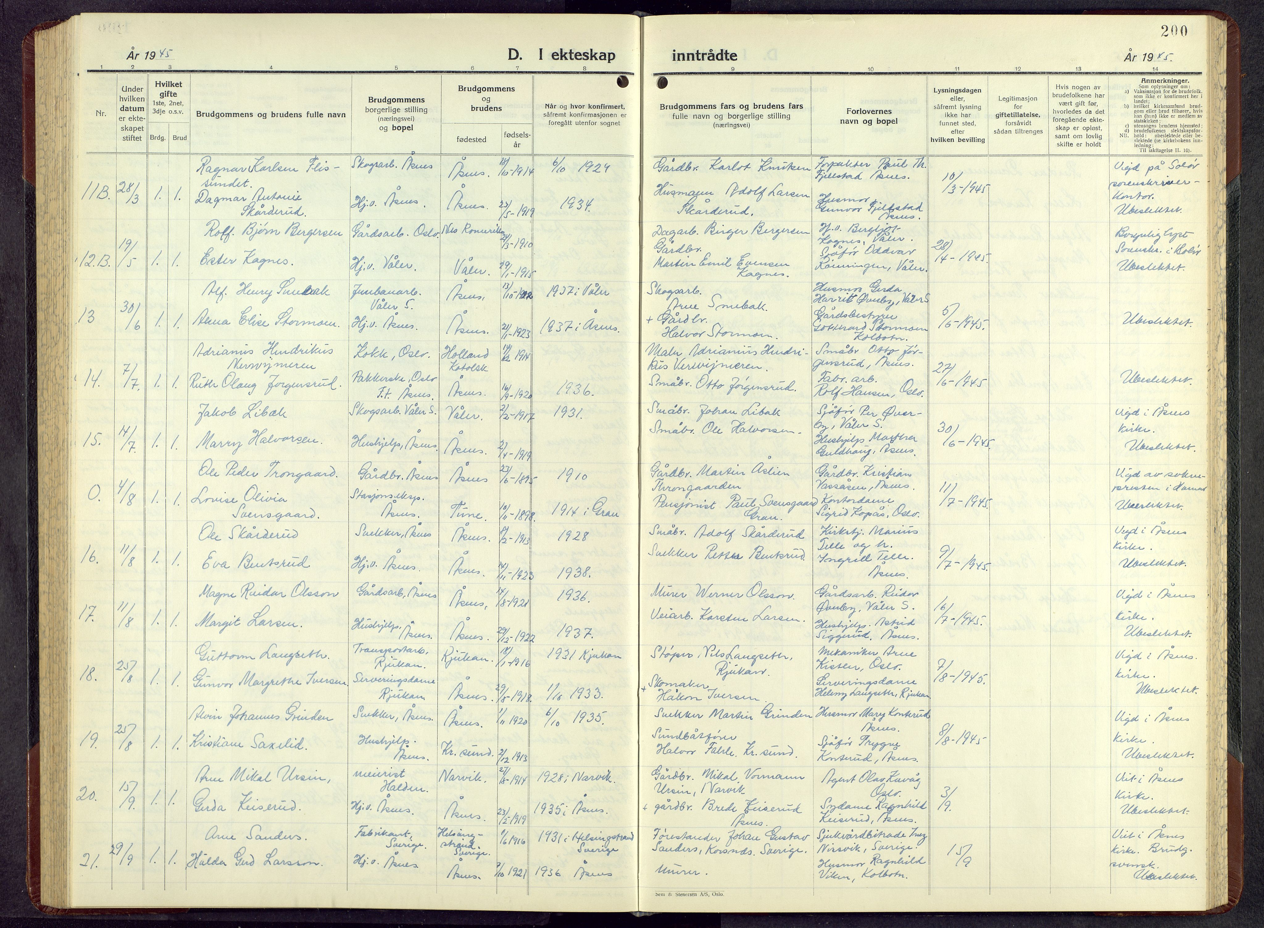 Åsnes prestekontor, SAH/PREST-042/H/Ha/Hab/L0010: Parish register (copy) no. 10, 1941-1962, p. 200