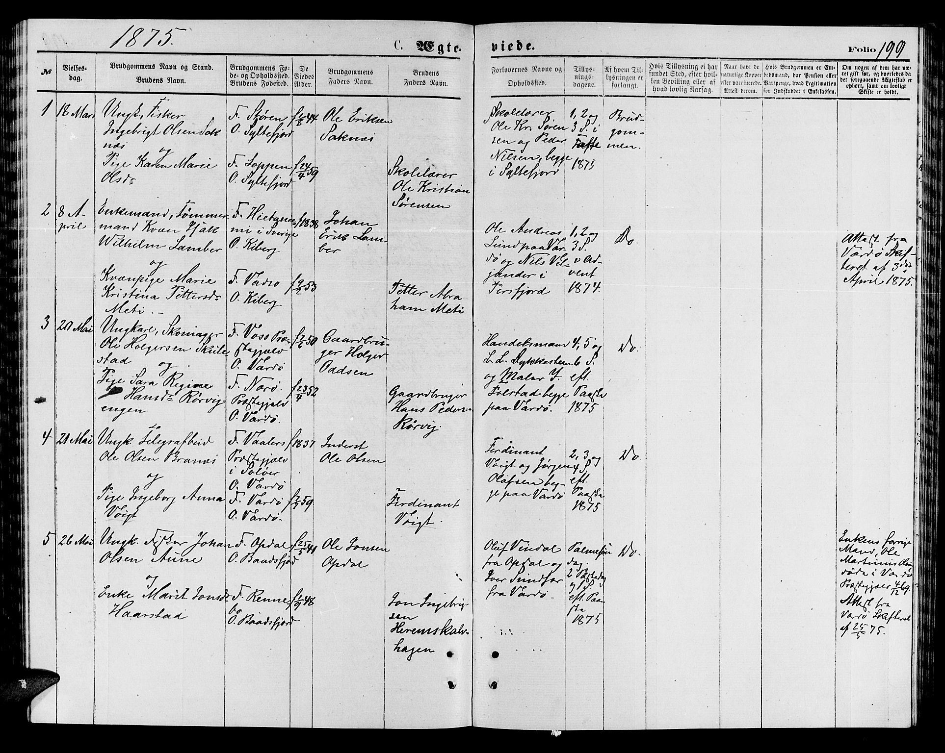 Vardø sokneprestkontor, SATØ/S-1332/H/Hb/L0003klokker: Parish register (copy) no. 3, 1871-1878, p. 199
