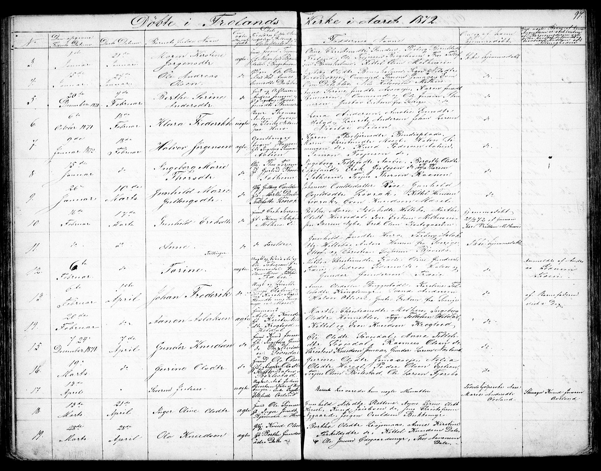 Froland sokneprestkontor, SAK/1111-0013/F/Fb/L0008: Parish register (copy) no. B 8, 1843-1875, p. 97