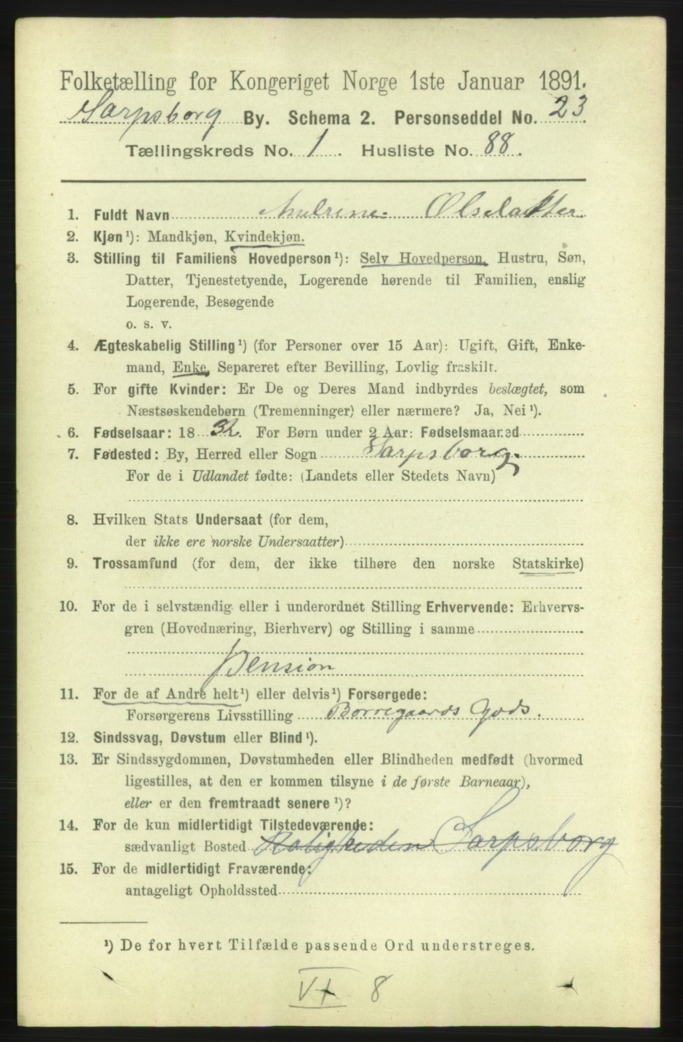 RA, 1891 census for 0102 Sarpsborg, 1891, p. 1064