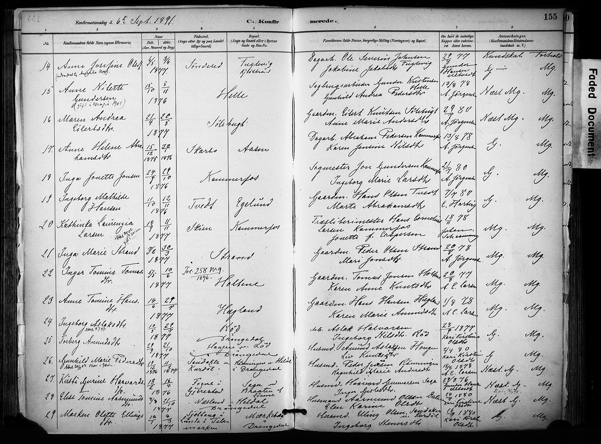 Sannidal kirkebøker, AV/SAKO-A-296/F/Fa/L0015: Parish register (official) no. 15, 1884-1899, p. 155