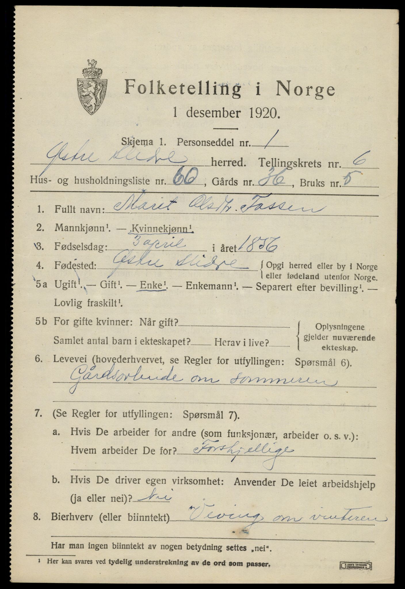 SAH, 1920 census for Øystre Slidre, 1920, p. 4013