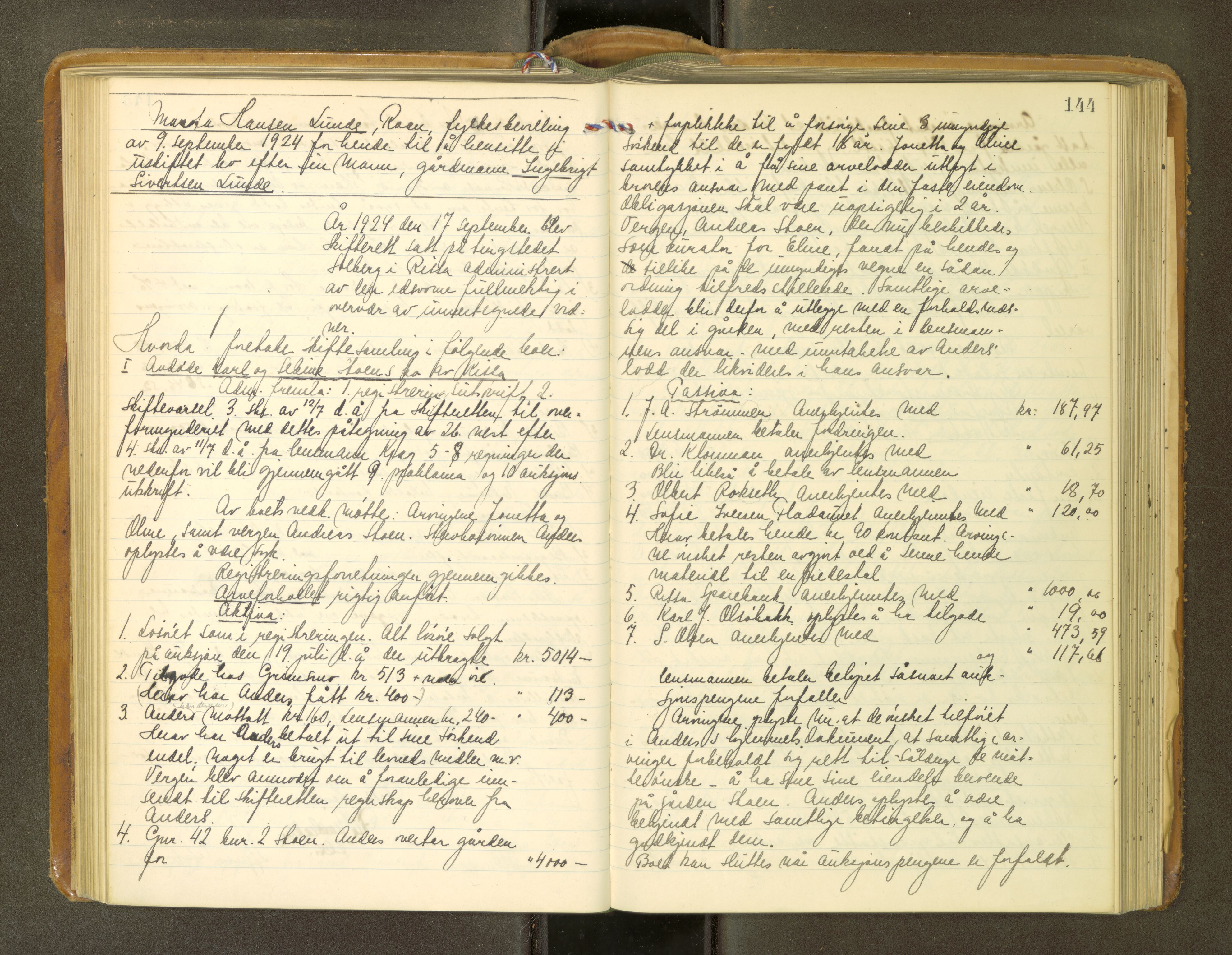 Fosen sorenskriveri, AV/SAT-A-1107/1/3/3B/L0013: Skiftebehandlingsprotokoll, 1923-1927, p. 144