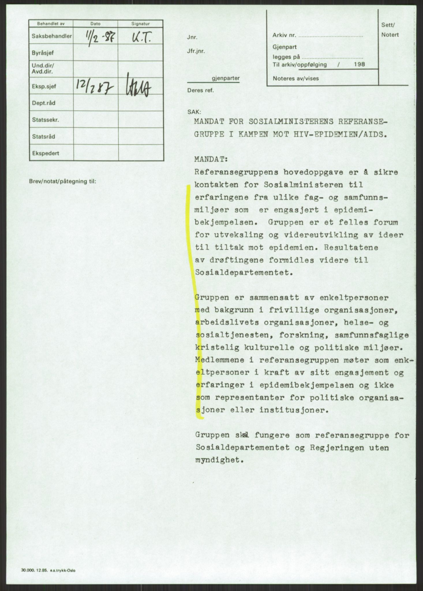 Sosialdepartementet, Administrasjons-, trygde-, plan- og helseavdelingen, AV/RA-S-6179/D/L2240/0003: -- / 619 Diverse. HIV/AIDS, 1986-1987, p. 171