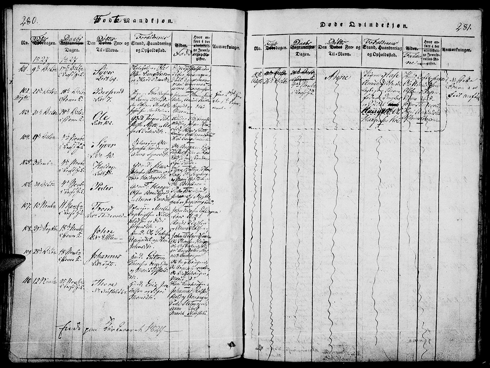 Lesja prestekontor, SAH/PREST-068/H/Ha/Haa/L0004: Parish register (official) no. 4, 1820-1829, p. 280-281