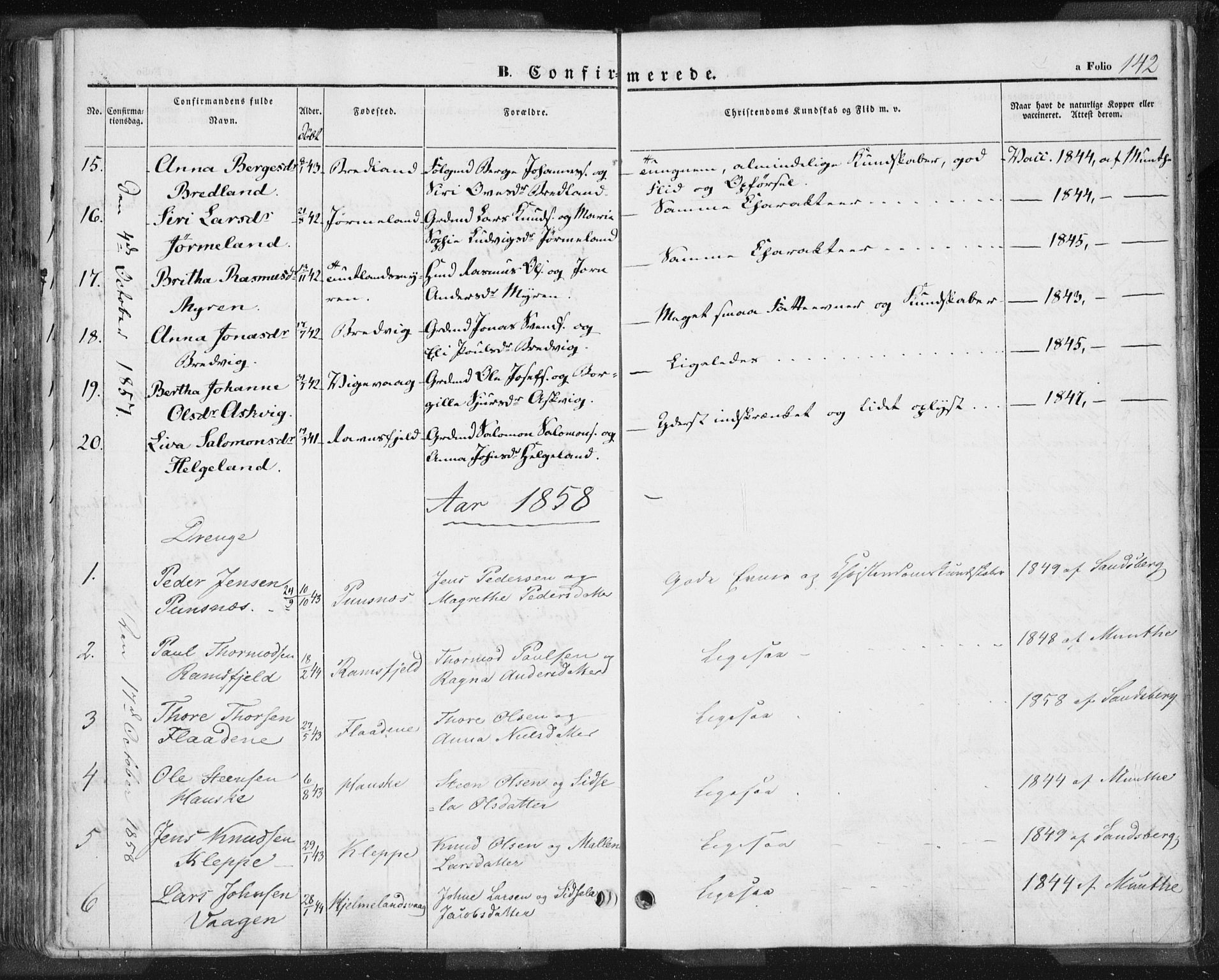 Hjelmeland sokneprestkontor, AV/SAST-A-101843/01/IV/L0009: Parish register (official) no. A 9, 1846-1860, p. 142