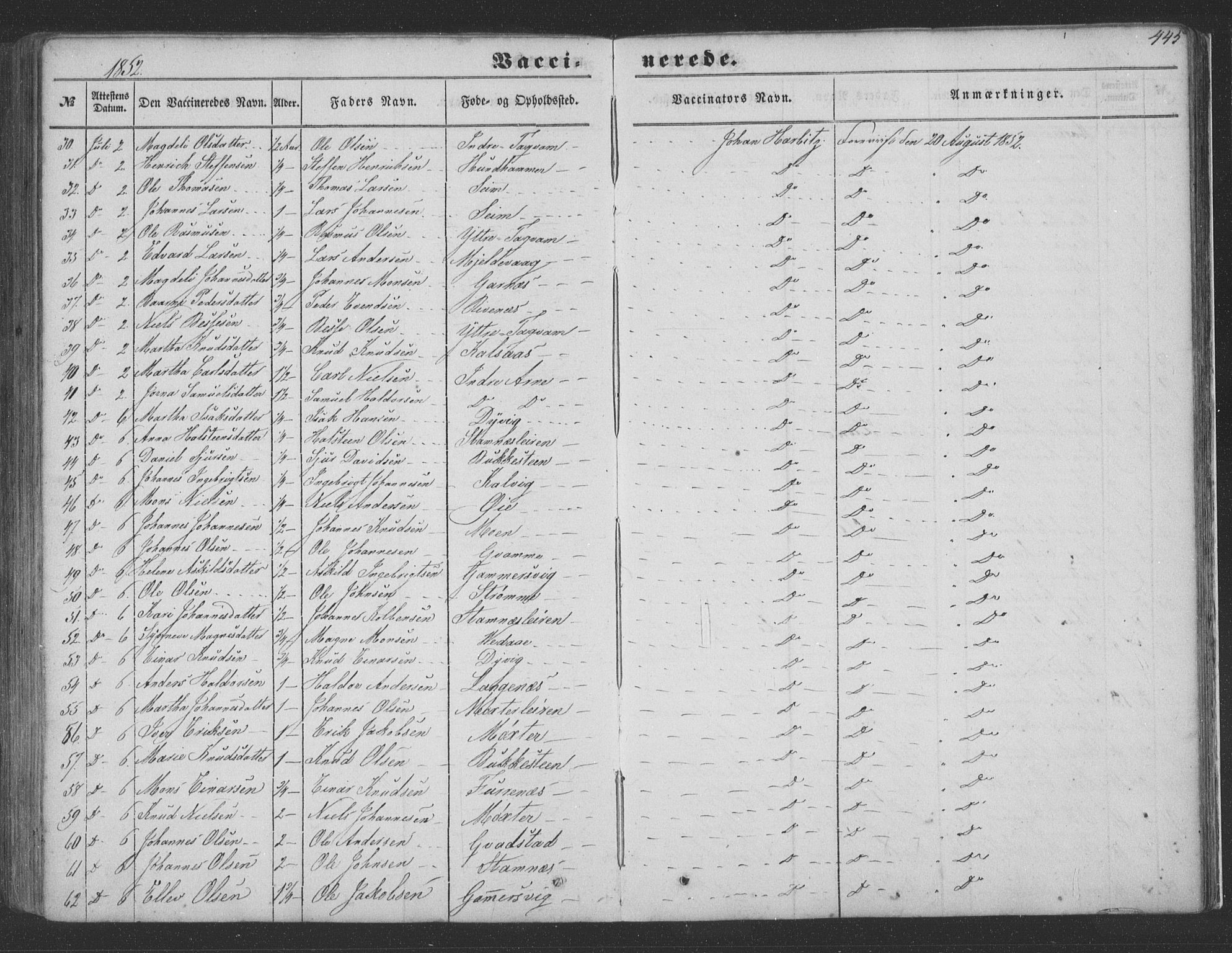 Haus sokneprestembete, SAB/A-75601/H/Haa: Parish register (official) no. A 16 II, 1848-1857, p. 445