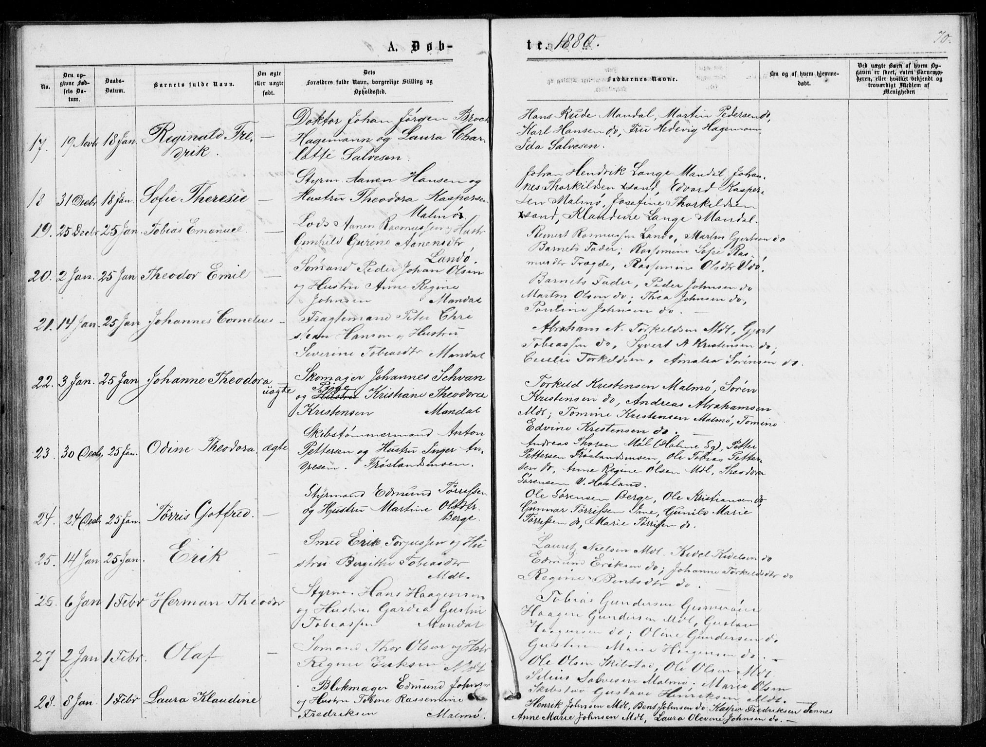 Mandal sokneprestkontor, AV/SAK-1111-0030/F/Fb/Fba/L0010: Parish register (copy) no. B 4, 1876-1880, p. 70