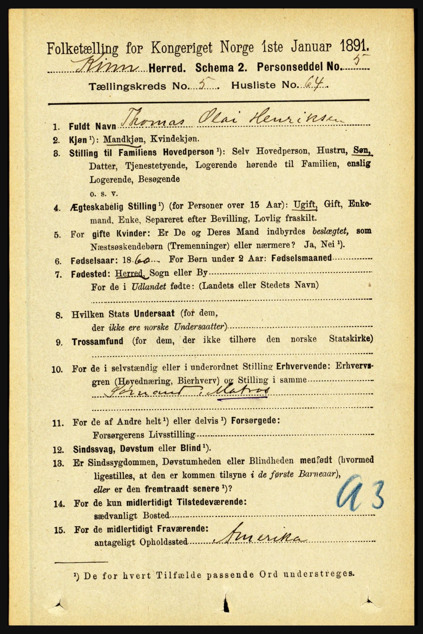 RA, 1891 census for 1437 Kinn, 1891, p. 2163