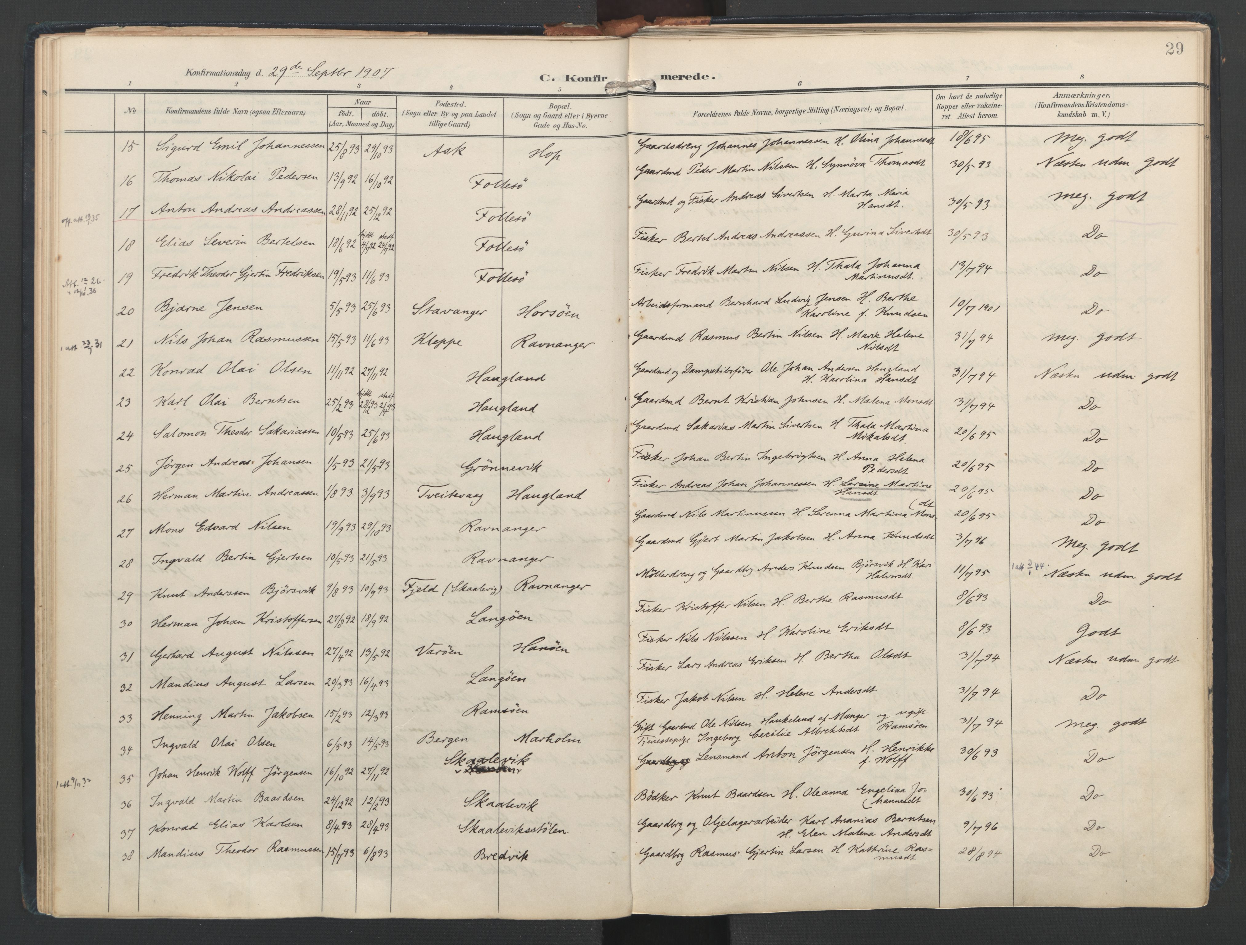 Askøy Sokneprestembete, AV/SAB-A-74101/H/Ha/Haa/Haad/L0001: Parish register (official) no. D 1, 1902-1916, p. 29