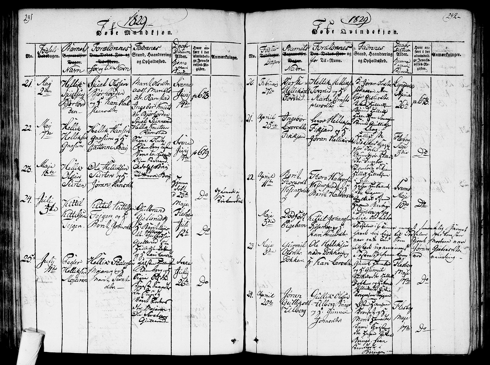 Flesberg kirkebøker, AV/SAKO-A-18/G/Ga/L0001: Parish register (copy) no. I 1, 1816-1834, p. 291-292