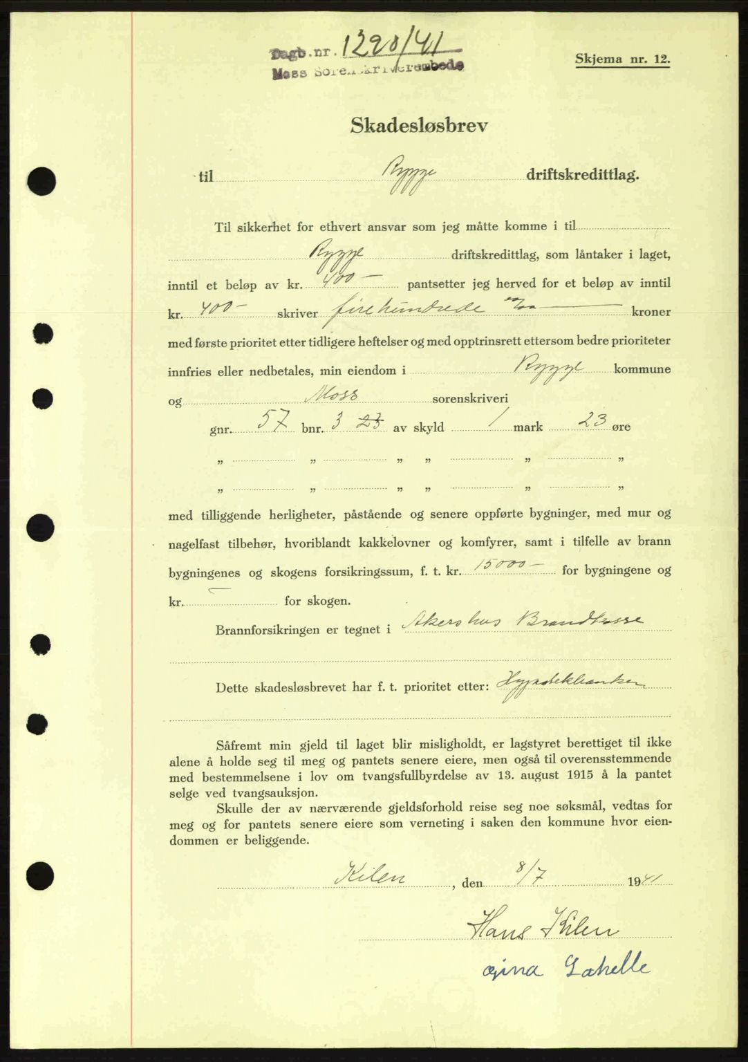 Moss sorenskriveri, SAO/A-10168: Mortgage book no. B10, 1940-1941, Diary no: : 1290/1941