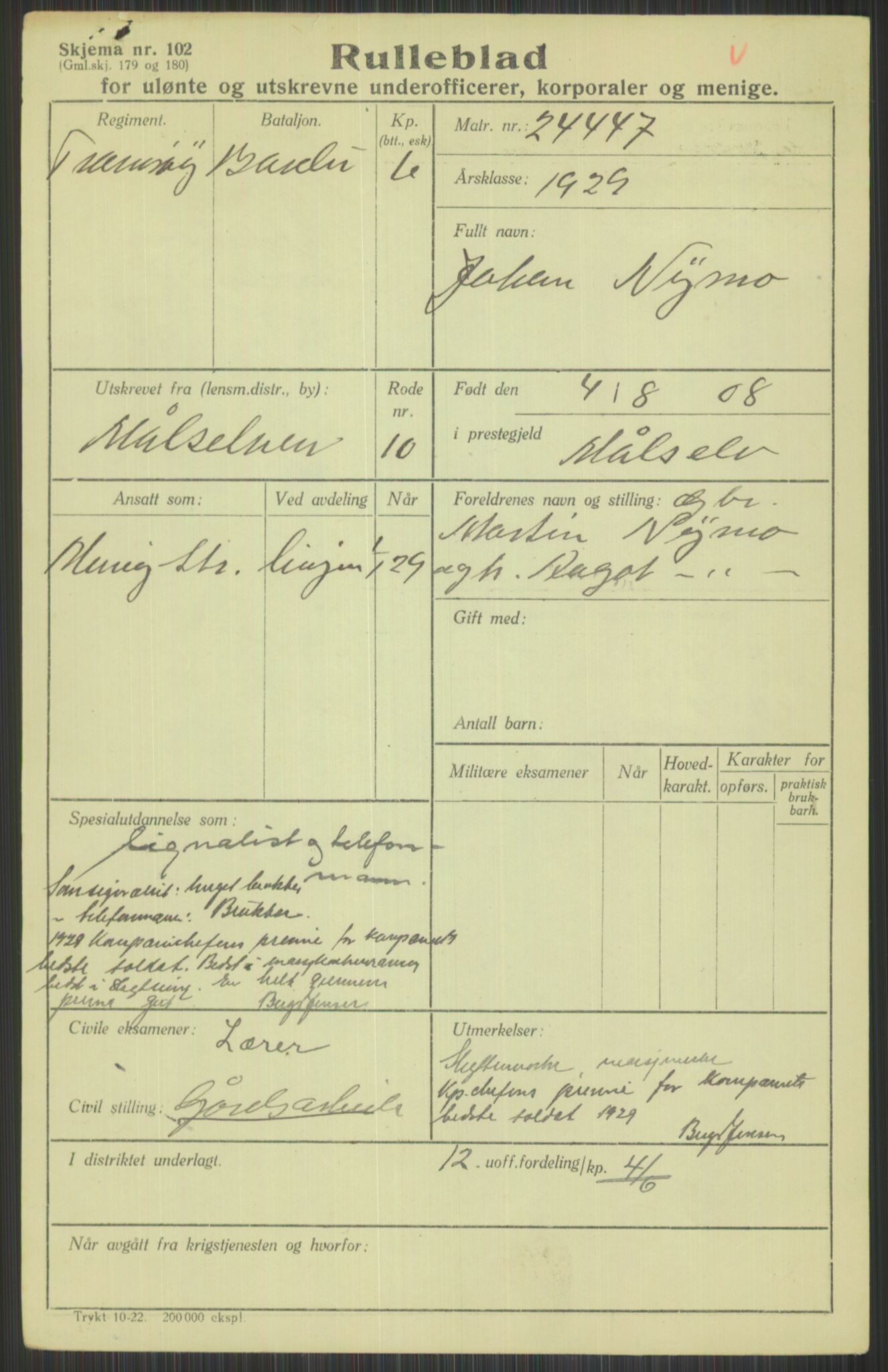 Forsvaret, Troms infanteriregiment nr. 16, AV/RA-RAFA-3146/P/Pa/L0013/0004: Rulleblad / Rulleblad for regimentets menige mannskaper, årsklasse 1929, 1929, p. 891