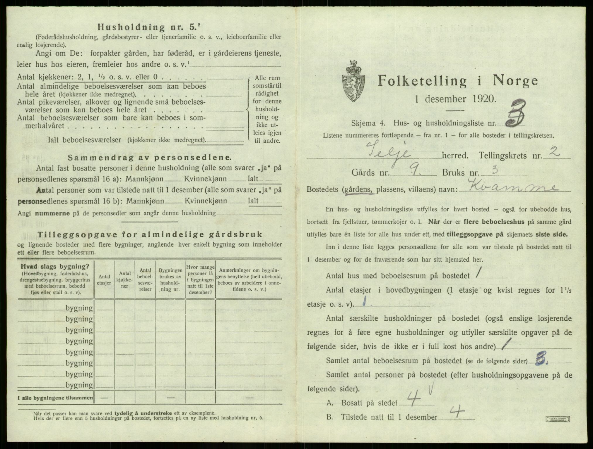 SAB, 1920 census for Selje, 1920, p. 134