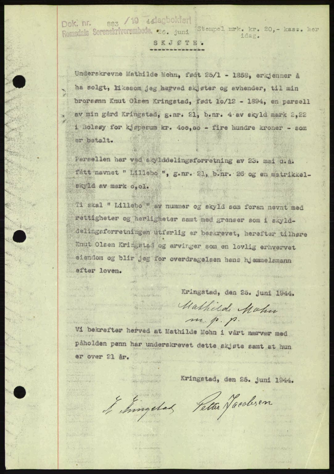 Romsdal sorenskriveri, SAT/A-4149/1/2/2C: Mortgage book no. A16, 1944-1944, Diary no: : 883/1944