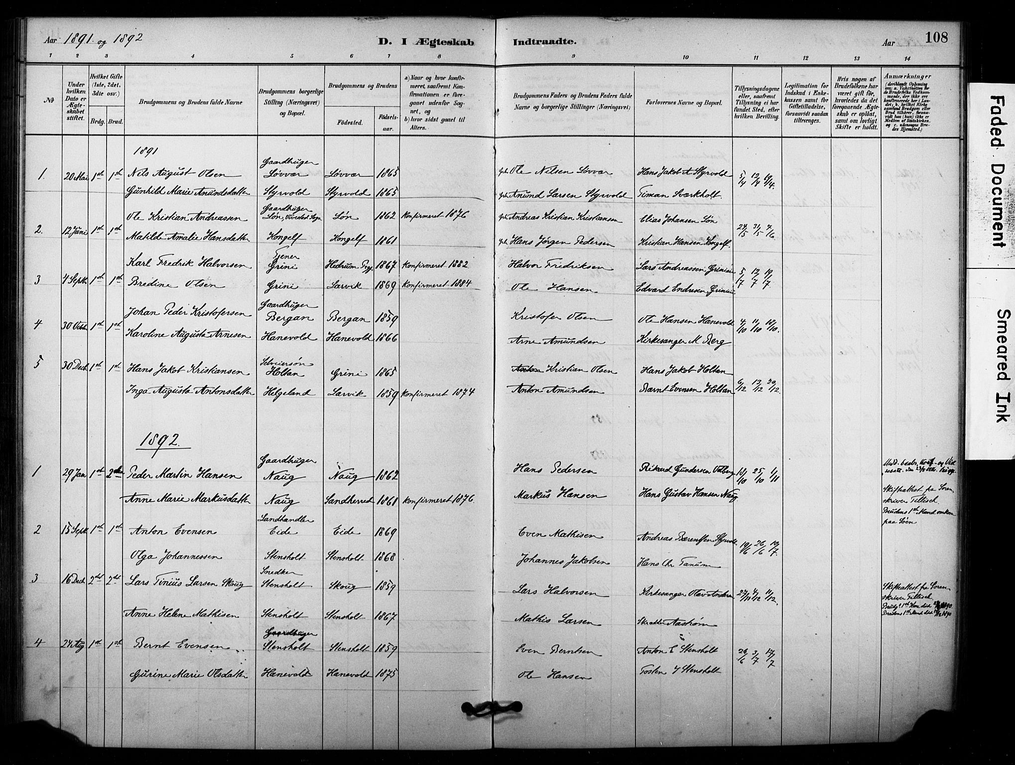 Lardal kirkebøker, AV/SAKO-A-350/F/Fd/L0001: Parish register (official) no. IV 1, 1881-1907, p. 108