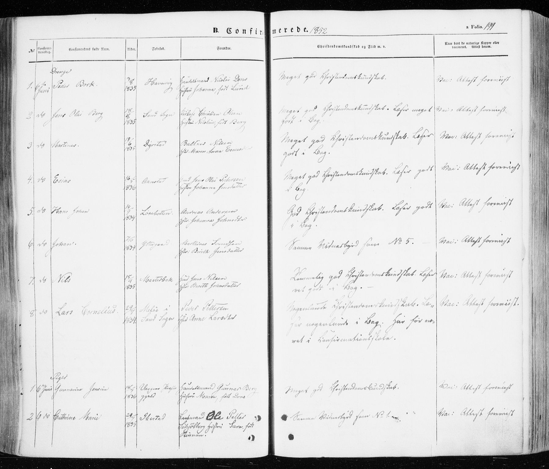 Ibestad sokneprestembete, SATØ/S-0077/H/Ha/Haa/L0008kirke: Parish register (official) no. 8, 1850-1859, p. 199