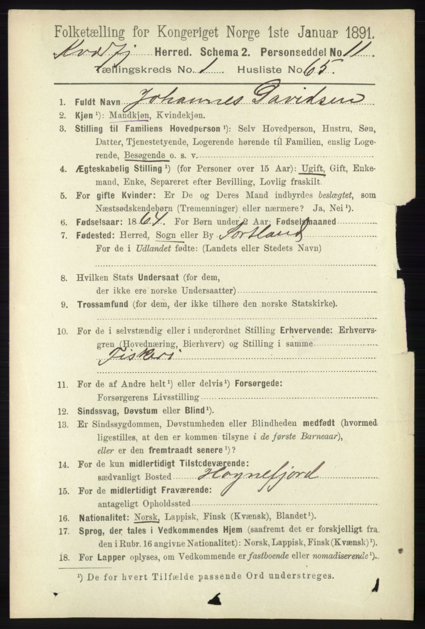 RA, 1891 census for 1911 Kvæfjord, 1891, p. 554