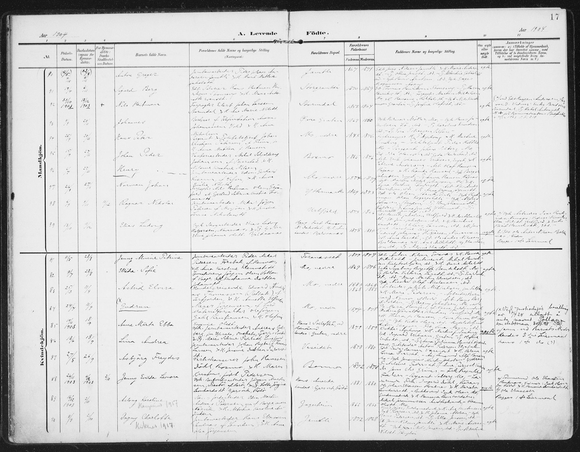 Ministerialprotokoller, klokkerbøker og fødselsregistre - Nordland, AV/SAT-A-1459/827/L0402: Parish register (official) no. 827A14, 1903-1912, p. 17