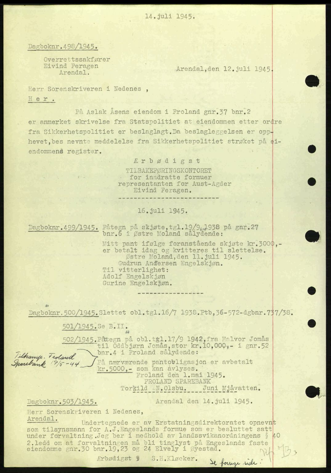 Nedenes sorenskriveri, SAK/1221-0006/G/Gb/Gba/L0052: Mortgage book no. A6a, 1944-1945, Diary no: : 498/1945