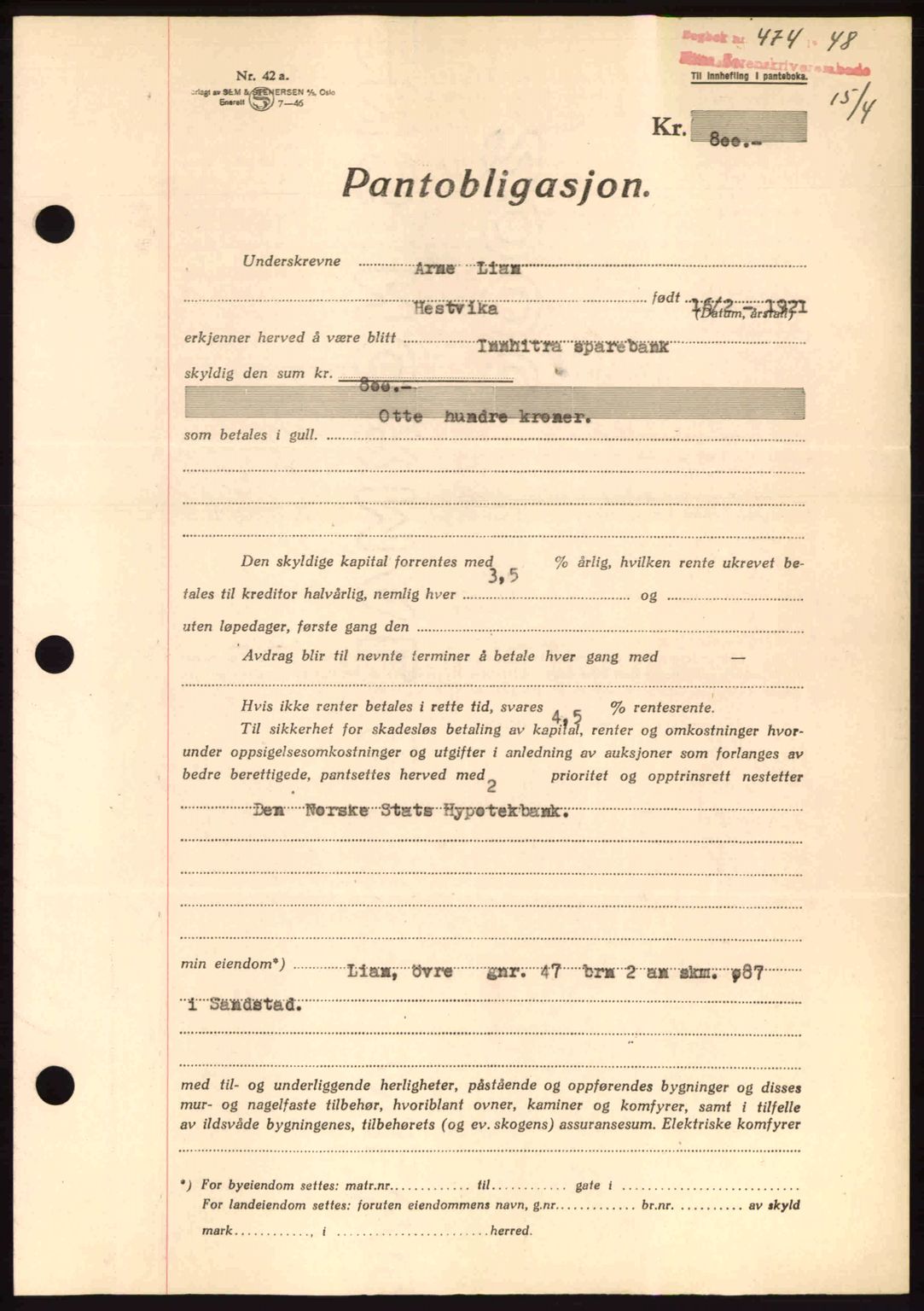 Hitra sorenskriveri, AV/SAT-A-0018/2/2C/2Ca: Mortgage book no. B1, 1939-1949, Diary no: : 474/1948