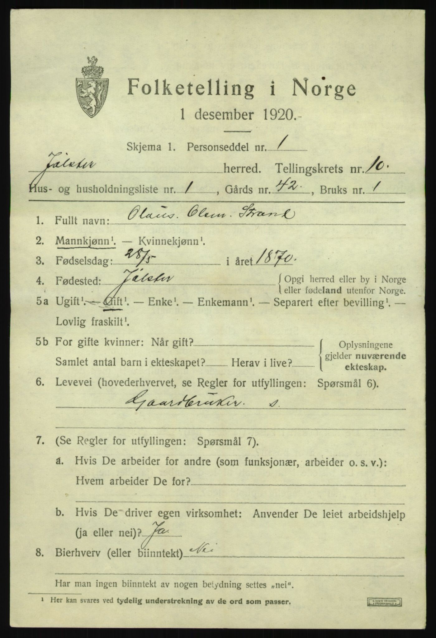 SAB, 1920 census for Jølster, 1920, p. 4646